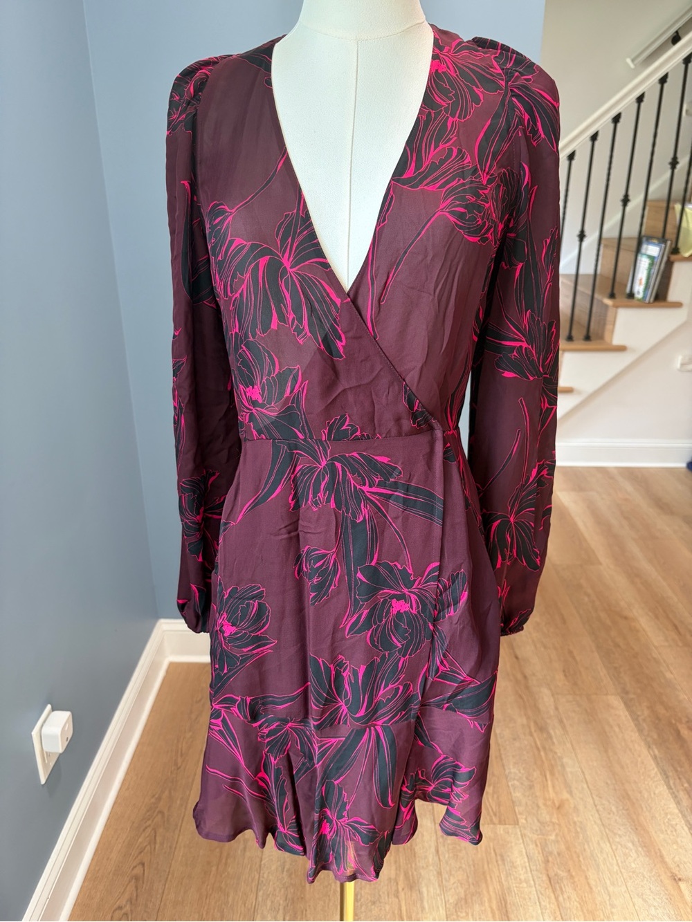 A.L.C. Floral Silk Wrap Mini Dress Burgundy Pink Black Size 4 NWT